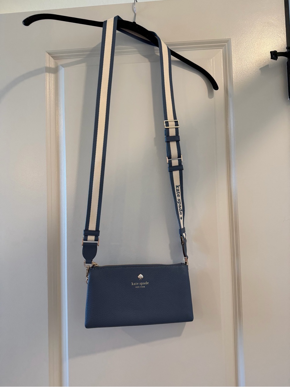 kate spade blue pebbled leather crossbody with striped strap